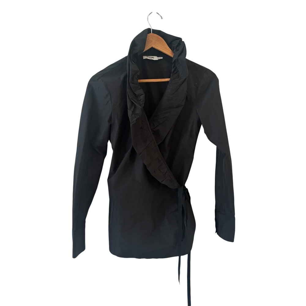 Moschino Jeans Ruffle Wrap Blouse Top Womens 8 Black Tie Front‎ Italy Office Y2K